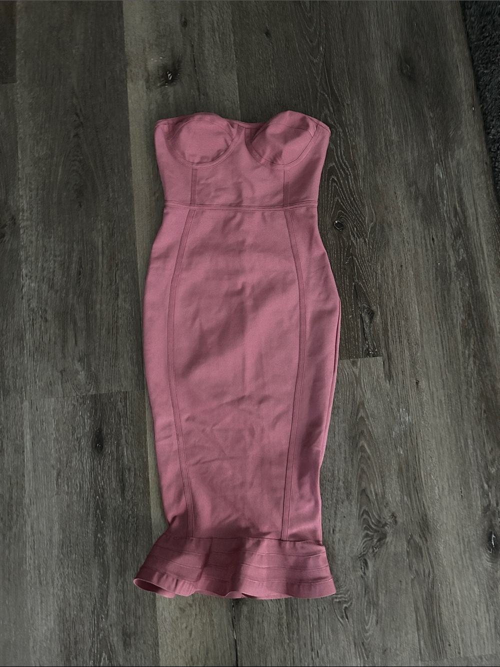 PrettyLittleThing Dusty Rose Strapless Midi Dress with Fluted Hem
